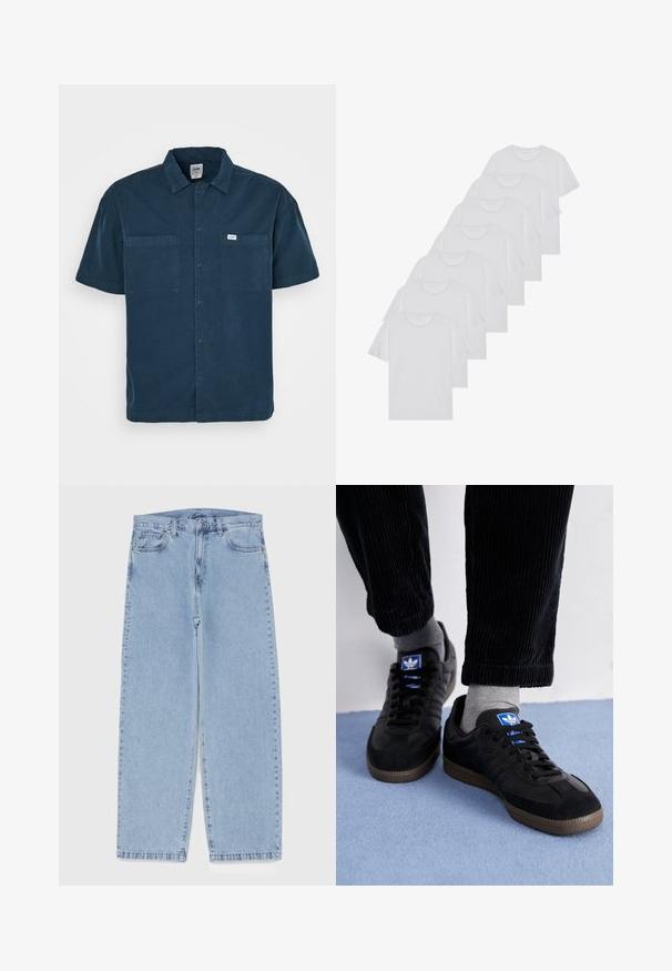 Camisetta a maniche corte di colore blu navy, realizzata in cotone, con collo a bavero, due taschini sul petto e una piccola etichetta sul lato sinistro.; T-shirt bianchi in cotone, maniche corte, design a collo tondo, texture liscia, impilati in fila, con un sottile marchio all'altezza del collo.; Jeans in denim azzurro chiaro con design a gamba dritta, caratterizzati da una vita media, cinque tasche e chiusura con bottone e zip.; Scarpe da ginnastica nere in materiale scamosciato e in pelle, con un logo blu e una suola in gomma marrone. Abbinati a calzini grigi e pantaloni in velluto a coste.