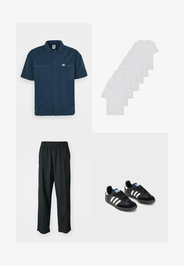 Camisa de manga curta azul-marinho em algodão, com gola, dois bolsos no peito e um pequeno rótulo no lado esquerdo.; T-shirts brancos de algodão, mangas curtas, design de gola redonda, com textura lisa, empilhados em fila, com uma marcação subtil na gola.; Calças atléticas pretas com um cós elástico, feitas de tecido suave, com costuras laterais discretas e um ajuste descontraído, design de perna reta.; Sneakers pretos com parte superior em camurça e sintético, apresentando três riscas brancas, sola de borracha texturizada e etiqueta azul no linguete.