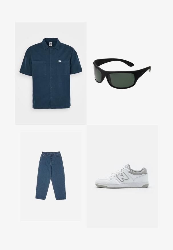 Kortermet skjorte i marineblått laget av bomull, med krage, to brystlommer og en liten etikett på venstre side.; Sorte tanktopper i en pakke med tre. Ribbet tekstur, standard rund hals, uten ermer. Sømmen har en liten merkevarelogo nederst.; Blå denim jeans med en avslappet passform, høy midje, femlommesdesign og sømdetaljer. Har en knapp- og glidelås-lukking.; Hvite lær sneakers med grå detaljer, med perforert tåboks, flate lisser og et mønstret såle. New Balance-logo på siden.; Sorte innpakningssolbriller med mørk grønne linser. Matt finish, buet design, med rette armer og diskret merkevare på siden.