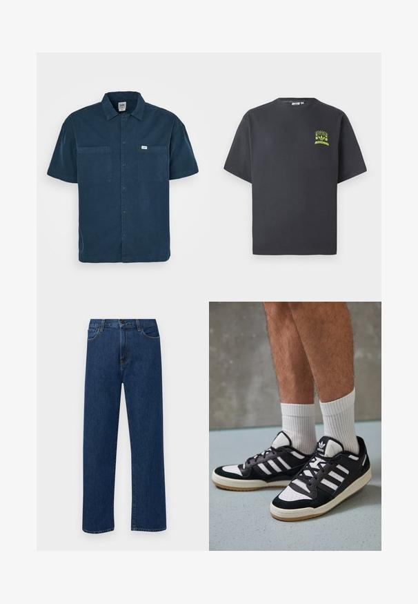 Camisetta a maniche corte di colore blu navy, realizzata in cotone, con collo a bavero, due taschini sul petto e una piccola etichetta sul lato sinistro.; T-shirt Adidas di colore grigio carbone con maniche corte e una piccola grafica neon verde di altoparlanti, sole e logo Adidas sul lato sinistro del petto.; Jeans in denim di un blu scuro a gamba dritta con tasche anteriori e chiusura con bottone, esposti su uno sfondo bianco semplice.; Sneaker bianco e nero con tomaia in suede e pelle, caratterizzati da tre strisce bianche, punta perforata e suola in gomma naturale.