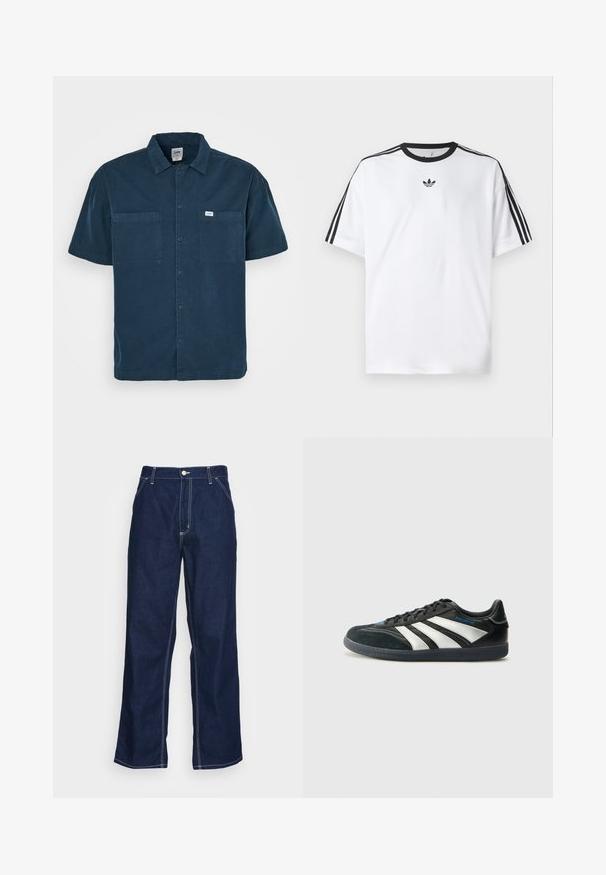 Short-sleeve navy shirt made of cotton, featuring a collared neckline, two chest pockets, and a small label on the left side.; White T-shirt made of cotton, featuring a black round neckline and three black stripes on each shoulder. Small black logo on the chest.; Dark blue denim trousers with wide legs, featuring a high waist, front pockets, and contrasting white stitching along seams.; adidas Performance PREDATOR FREESTYLE JUDE INDOOR FOOTBALL SHOES - Indoor football boots - core black/silver-coloured/glory blue