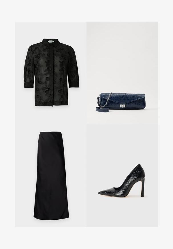 Fekete ing virágmintás hímzéssel, hosszú ujjal és galléros nyakkal. Áttetsző anyag, texturált felülettel és bonyolult részletezéssel.; Norma Kamali BIAS OBIE SKIRT - Maxiszoknya - black; Fekete hegyes orrú magassarkú cipő krokodilbőr textúrával, letisztult dizájnnal, magas tűsarkú és sima fekete belső résszel.; Sötétkék bőr retikül krokodilbőr textúrával, ezüst lánc pánttal és fém csattal. Téglalap alakú, felhajtható kialakítással.