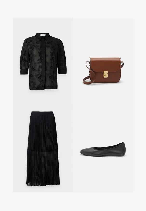 Schwarzes Hemd mit floralem Stickerei, langen Ärmeln und einem Kragen. Durchscheinender Stoff mit strukturierter Oberfläche und aufwendigen Details.; Schwarzer, plissierter Midirock mit einem glatten, elastischen Bund und einer durchsichtigen Überlagerung, die feine vertikale Falten im gesamten Stoff aufweist.; Schwarze Leder-Ballettschuhe mit abgerundeter Spitze, glatter Textur, minimalen Nähdetails und einem flexiblen Sohlen-Design.; Braune Ledertasche mit Klappenverschluss, Beschlägen in Goldfarbe, einem Schultergurt und einer glatten Oberfläche. Kompakte rechteckige Form.