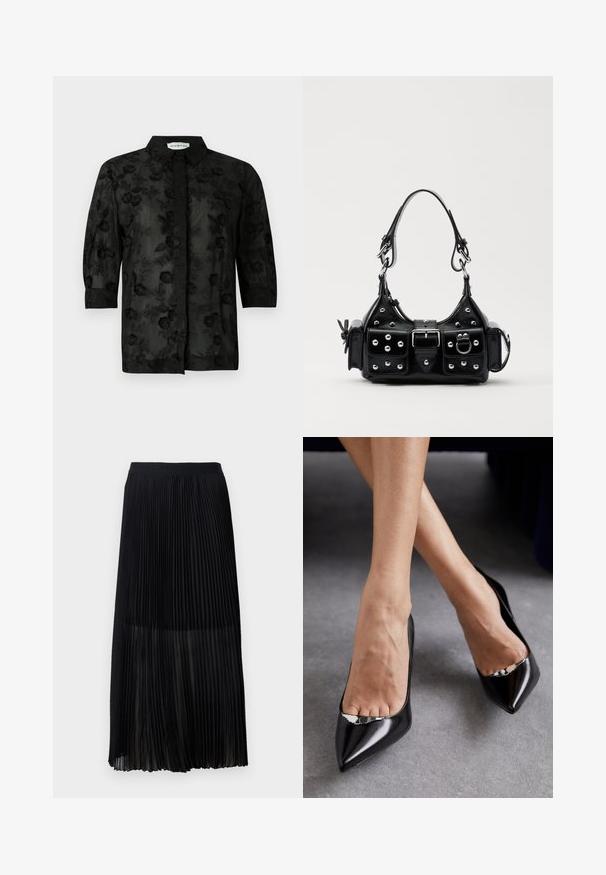 Camicia nera con ricami floreali, maniche lunghe e colletto. Tessuto trasparente con una finitura testurizzata e dettagli intricati.; Gonna midi plissettata nera con una cintura elastica liscia e sovrapposizione trasparente, caratterizzata da fini pieghe verticali su tutto il tessuto.; Scarpe nere in pelle con tacco alto, punta affilata e design aperto, caratterizzate da un accento decorativo in argento. Texture liscia con finitura lucida.; Borsa a mano in pelle nera con design curvo, caratterizzata da borchie argentate, una fibbia e due tasche laterali. Tracolla regolabile per diverse opzioni di trasporto.