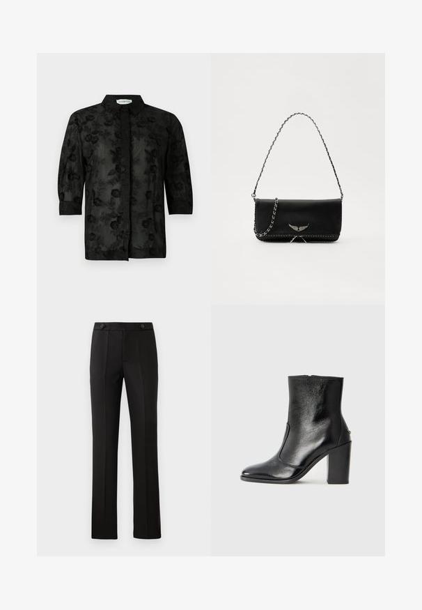 Zwarte shirt met bloemen borduursel, lange mouwen en een kraag. Doorzichtig materiaal met een gestructureerde afwerking en verfijnde details.; Zwarte op maat gemaakte broek met een rechte pijp, twee voorzakken, een knoopsluiting en plooien aan de voorkant. Glad textuur van de stof.; Zwarte leren enkelboot met een gladde textuur, spitse neus en een gedurfde hoge hak. Beschikt over een zijopening en een minimalistisch ontwerp.; Zwarte leren handtas met een zilveren kettingband, voorzien van decoratieve vleugelaccenten en witte stiksels langs de onderste naad.