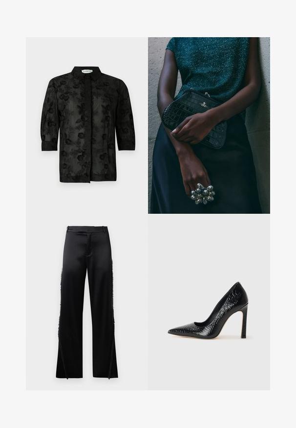 Black shirt with floral embroidery, long sleeves, and a collared neck. Sheer fabric with a textured finish and intricate detailing.; Black satin pants with wide legs, featuring fringe details along the side seams and a flat front waistband. Plain back without pockets.; Black pointed-toe high heel shoe with a crocodile-skin texture, featuring a sleek design, high stiletto heel, and smooth black interior.; Black crocodile-patterned clutch bag with silver hardware, held against a textured gray background. Features a shiny surface.