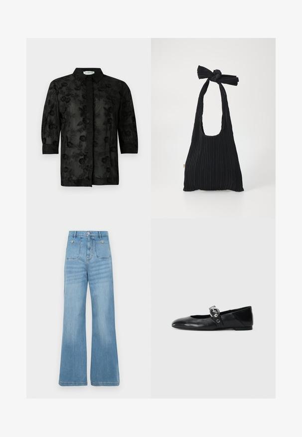 Camicia nera con ricami floreali, maniche lunghe e colletto. Tessuto trasparente con una finitura testurizzata e dettagli intricati.; Jeans in denim blu chiaro con un design a gamba larga, dotati di due tasche anteriori e due tasche posteriori, rifiniti con orlo grezzo e chiusura a bottoni.; Ballerine in pelle nera con punta appuntita, dotate di una fascia con una fibbia metallica circolare e suola piatta.; Loeffler Randall BOBBY PLEATED TOTE - Borsa a mano - black
