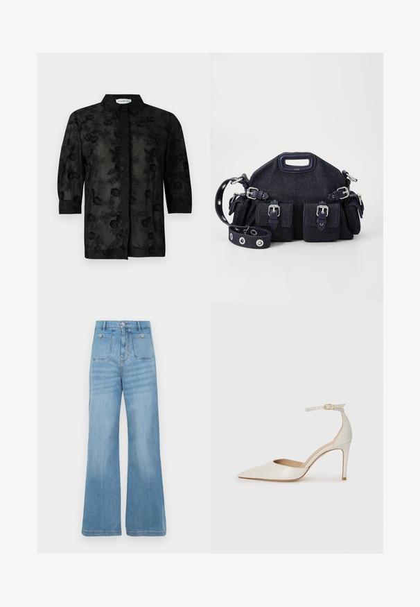Črna srajca z ročnim vezenjem, dolgi rokavi in ovratnikom. Prosojna tkanina z teksturirano površino in zapletenimi detajli.; Svijetloplave traperice s širokim nogavicama, koje sadrže dva prednja džepa i dva stražnja džepa, završene s neurezanom rubom i kopčanjem na dugme.; Bela usnjena čevlja na visoki peti z ozkim prstom, trakom okoli gležnja in tanko stiletto peto. Gladka tekstura z rahlim sijočim finišem.; Temno modra denim torba zaokrožene oblike, z več zunanjimi žepi, nastavljivim trakom in srebrnimi kovinskimi detajli. Vključena je tudi zgornja ročica.