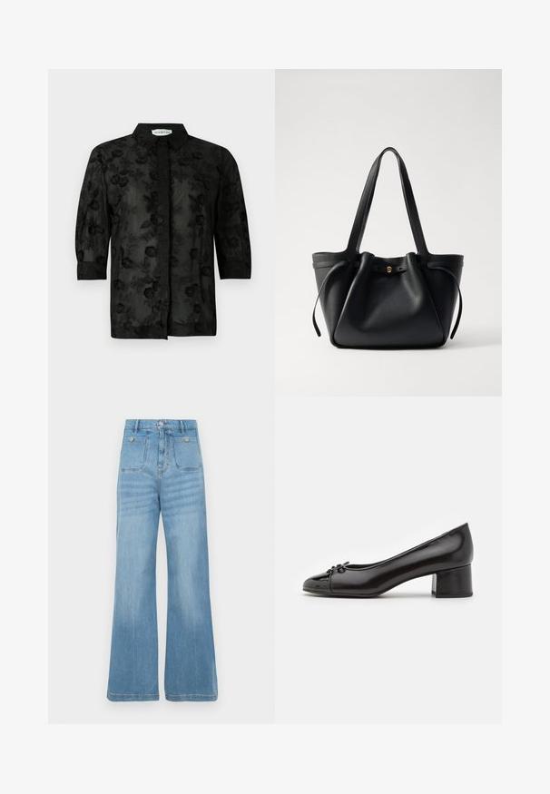 Cămașă neagră cu broderie florală, mâneci lungi și guler. Material transparent cu un finisaj texturat și detalii elaborate.; Jeans din denim bleu deschis cu un design larg, având două buzunare frontale și două buzunare spate, finisate cu un tiv brut și închidere cu button.; Pantofii din piele lacuită neagră, cu vârful rotunjit, detaliu cu fundiță mică în față și toc mic pătrat. Textură netedă pe întreaga suprafață.; Geantă tote din piele neagră, cu două bretele lungi, un vârf strâns și un accent circular auriu. Textură netedă cu un design minimalist.