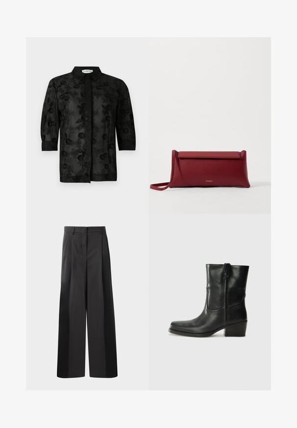 Juoda marškinėliai su gėlėmis siuvinėjimu, ilgomis rankovėmis ir apykakle. Permatoma medžiaga su tekstūruotu paviršiumi ir sudėtingu apdorojimu.; Juodos plačios kelnės su aukštu liemeniu, su priekinėmis raukšlėmis, glotnia tekstūra ir pritaikytu apdailos stiliumi. Sukurtos laisvam sėdėjimui.; Juodi odiniai aulinukai iki kulkšnies su apvali nosimi, blokuotais kulnais, šonine užtrauktuku ir siuvimo akcentais ant viršutinės dalies. Lygi tekstūra, klasikinis dizainas.; Raudona odinė rankinė su tekstūruotu paviršiumi, turinti plokščią užlenkiamą viršų ir trumpą dirželį. Subtilus prekės ženklo logotipas priekyje.