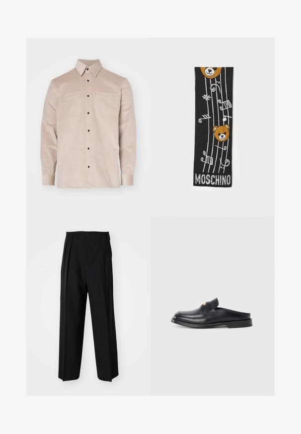 Camisa de pana beige con cuello abotonado, que presenta dos bolsillos frontales y botones negros. Textura suave y diseño clásico.; Pantalones negros plisados con un diseño recto y de pierna ancha. Fabricados en una tela suave, presentan un cierre de botón y trabillas para el cinturón.; Zapato negro de cuero tipo mocasín con punta redondeada, tacón bajo y detalle de diseño trenzado en el empeine. Presenta un estilo minimalista y una textura suave.; Bufanda de punto negra con dos cabezas de oso pardo, notas musicales y el texto "MOSCHINO" en blanco en la parte inferior. Textura suave con un diseño detallado.