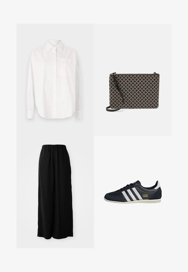 Cămașă albă cu mâneci lungi, din bumbac. Include un guler cu nasturi, un buzunar frontal și o croială dreaptă cu închidere prin nasturi.; Pantaloni negri cu croi larg, dintr-un material moale, cu un elastic în talie. Au o croială dreaptă și fante laterale pentru o ventilație suplimentară.; Tenisi negri din piele, cu trei dungi albe, finisaj texturat, logo-ul auriu "adidas JAPAN" și o talpă din cauciuc cu model de aderență.; Geantă de mână cu un model în nuanțe de negru și bej, având o formă rectangulară, cu un design în cruce, închidere cu fermoar și o curea detașabilă neagră.
