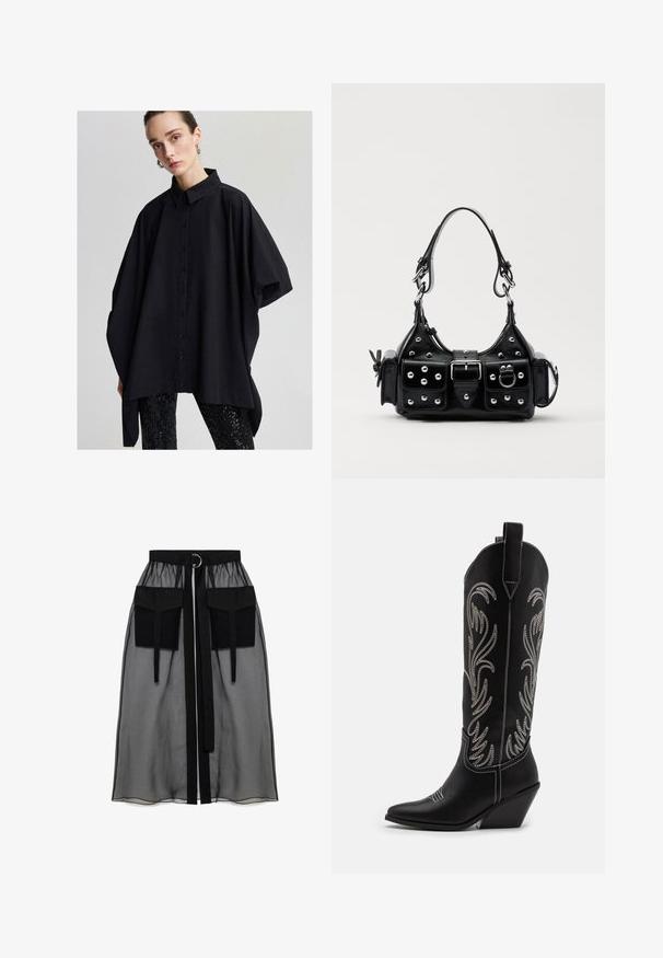 Fekete, oversized gombos ing klasszikus gallérral, széles ujjakkal és sima felülettel, csillogó fekete leggingsekkel párosítva.; Fekete áttetsző szoknya ráncolt derékrésszel, két nagy elülső zsebbel, derékpánttal és kör alakú fém díszítéssel.; Fekete bőr cowboy csizmák hegyes orral, wedge sarkakkal és ezüst hímzett virágmintákkal a szár mentén. Kontraszt varrás az egész csizmán.; Fekete bőr kézitáska ívelt designnal, ezüst szegecsekkel, csattal és két oldalsó zsebbel. Állítható vállpánt a hordozási lehetőségekhez.