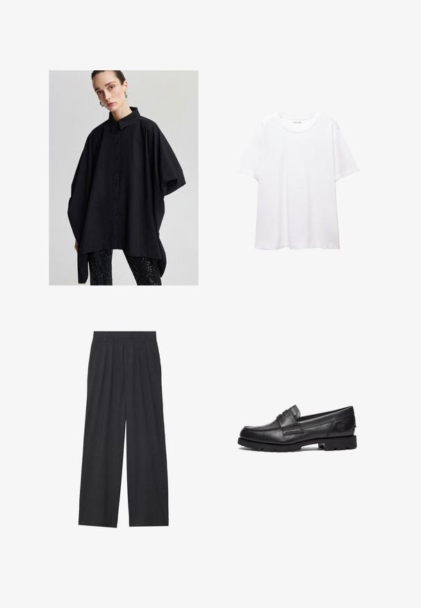 Sort oversized button-up skjorte med klassisk krave, brede ærmer og en glat tekstur, parret med sorte leggins med paljetter.; En enkel hvid t-shirt lavet af bomuld med rund halsudskæring, korte ærmer og en afslappet pasform. Glat tekstur uden mønstre eller accentuer.; Vidder bukser lavet af mørkegrå stof. Har folder ved taljen, et skræddersyet design og en lige silhuet.; Timberland Loafers - black