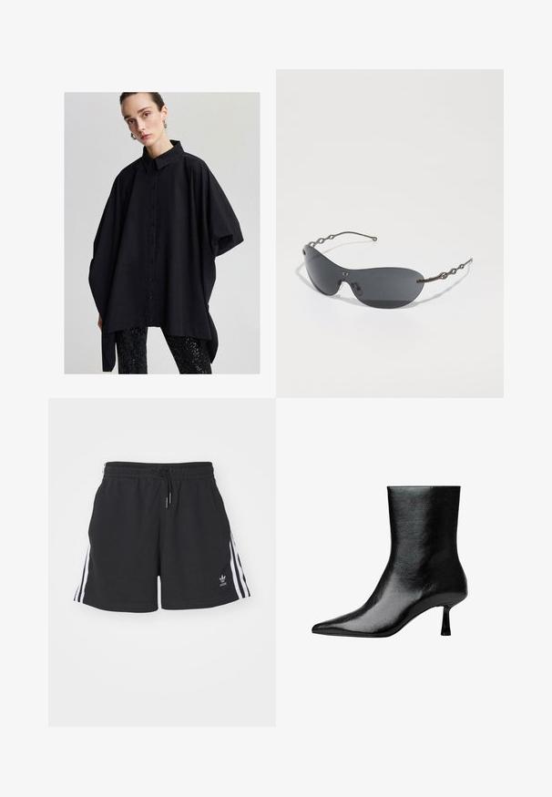 Musta ylisuuri nappikauluspaida, jossa on klassinen kaulus, leveät hihat ja sileä pinta, yhdistettynä säihkeisiin mustiin legginsseihin.; Mustat urheilushortsit, jotka on valmistettu puuvillasekoitteesta. Shortsien sivuilla on valkoiset raidat, vyötäröllä on joustava vyötärönauha ja kiristysnauha, ja helman kohdalla on pieni logo.; Musta nilkkuri kiiltävästä nahasta, jossa on terävä kärki ja kapea korko, sekä sileä pinta ja minimalistinen muotoilu.; Aurinkolasit, joissa on tummanharmaat linssit, kiiltävä käyrä muoto ja erottuvat aaltoilevat metallivarret. Pintakäsittely on sileä ja siinä on hienovarainen matta viimeistely.