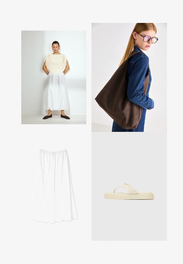 Light cream draped top, white flowing skirt, and dark slip-on shoes. Smooth fabric textures, simple design, knee-length. Minimalist style.; White cotton T-shirt featuring a centered pink cupcake graphic with a cherry on top. Short sleeves and relaxed fit.; White, ankle-length skirt made of lightweight fabric; features an elastic waistband and delicate floral pattern throughout.; Flat flip-flop sandals in light yellow. Made of smooth rubber with two diagonal straps and a thick sole for comfort and durability.; Brown leather tote bag with a soft texture, featuring a spacious design and a single strap. Worn with a blue denim jacket.