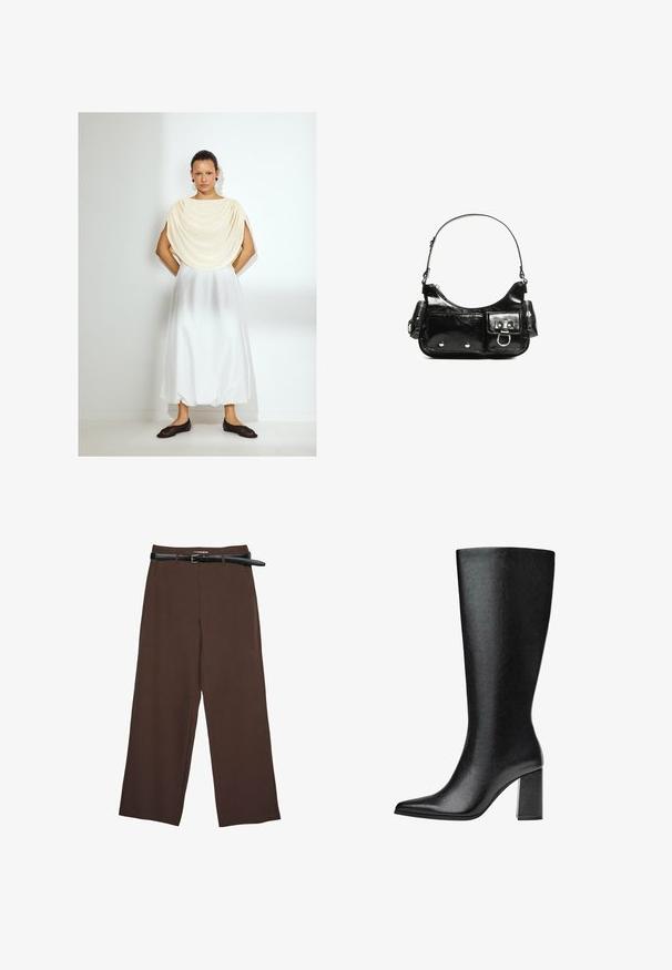 Lahek smetanov vrhnji top, bela tekoča krila in temni slip-on čevlji. Gladke teksture tkanin, preprost dizajn, dolžina do kolen. Minimalističen stil.; Rjave hlače širokih nogavic z gladko teksturo, ki imajo črn pas in oblikovano pasnico, kar zagotavlja strukturo in dobro prileganje.; Črne škornje do kolen iz umetnega usnja s koničastim nosom, gladko teksturo in debelim blok peto. Minimalistična zasnova brez vidnih dodatkov.; Črna lakasta usnjena torbica s ukrivljeno obliko, enim ramenskim trakom, sprednjimi žepi in srebrnimi kovinskimi dodatki.