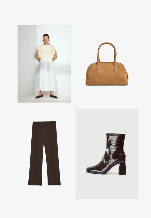 Šviesiai kreminės spalvos drabužis su laidotu viršumi, baltas, plačiai krentantis sijonas ir tamsūs paslydimo batai. Lygūs audinio paviršiai, paprastas dizainas, iki kelių ilgio. Minimalistinis stilius.; Rudos, plačios kojos kelnės, pagamintos iš lygios medžiagos; turi priekinę raukšlę ir standartinį juosmenį. Minimalistinis dizainas be matomų užtrauktukų.; Tamsiai ruda patentinė odinė aulinė, su krokodilo tekstūra, blokuotu kulnu ir užtrauktuku gale, prieš baltą foną.; Smėlio spalvos zomšinė rankinė su struktūrizuota forma, kurioje yra dvi rankenos, trikampio formos išpjovos ir užtrauktukas viršuje uždarymui.