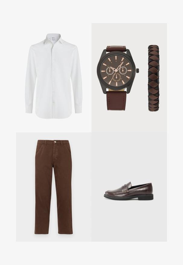Camisa blanca de manga larga hecha de algodón suave, con un cuello clásico, cierre frontal con botones y dobladillo redondeado con puños abotonados.; Pantalones de algodón marrón con pierna recta, bolsillos frontales y cierre de botón metálico. Presenta una textura suave y un diseño minimalista.; Mocasines de cuero marrón con un acabado suave, que presentan un sutil detalle de costura en la parte superior y una suela de goma negra.; Pier One SET - Reloj - black/brown