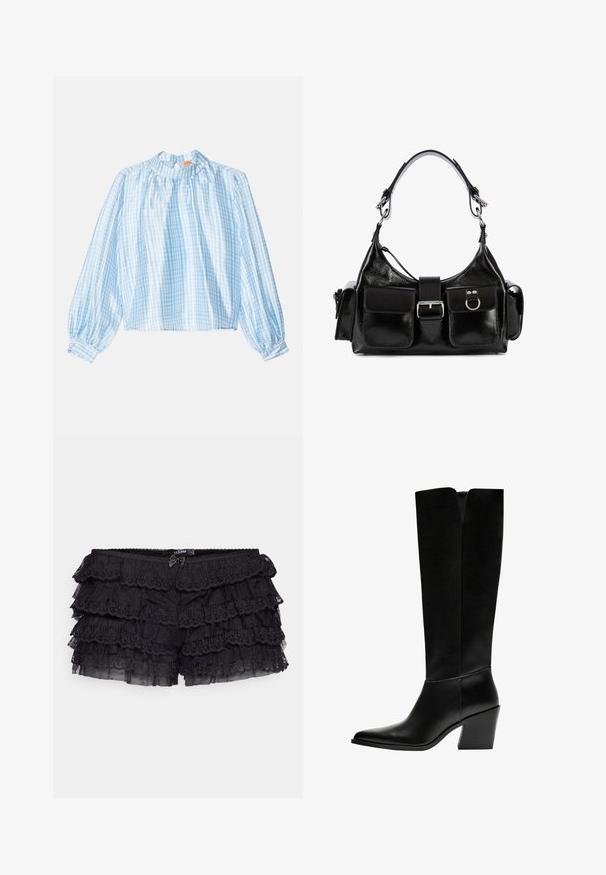 Blouse en vichy bleu clair avec manches longues, encolure froncée et poignets élastiques. Tissu lisse avec des rayures verticales et horizontales étroites.; Jaded London BLOOMER SHORTS - Short - black; Bottes noires montantes en cuir lisse, avec un bout pointu, un talon bloc et une découpe en V en haut.; Sac à main en cuir noir avec une finition brillante, doté d'une boucle centrale, de deux poches avant et d'une courte bandoulière.