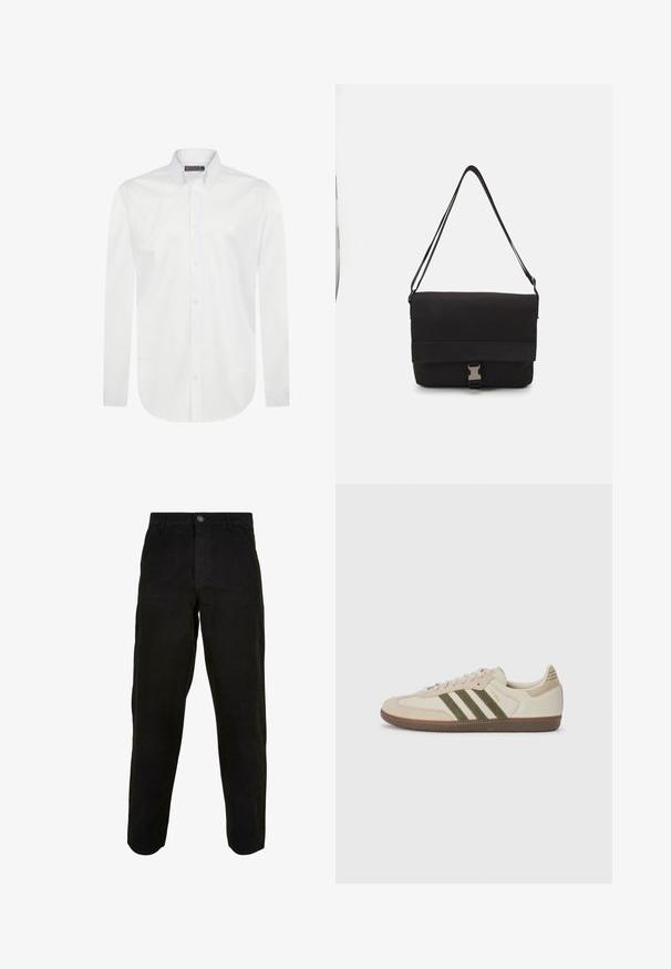 Witte lange mouwenshirt van glad katoen met een knoopsluiting, voorste placket en een klein logo geborduurd op de borst.; Zwarte katoenen broek met een recht model, voorzien van een knoopsluiting aan de voorkant en zijzakken. Gladde textuur, geen zichtbare patronen.; adidas Originals SAMBA OG UNISEX - Sneakers laag - alumina/medium dark khaki/gum; Zwarte schoudertas van glad materiaal, met een omklapflap, zilveren sluiting en een verstelbare schouderband.