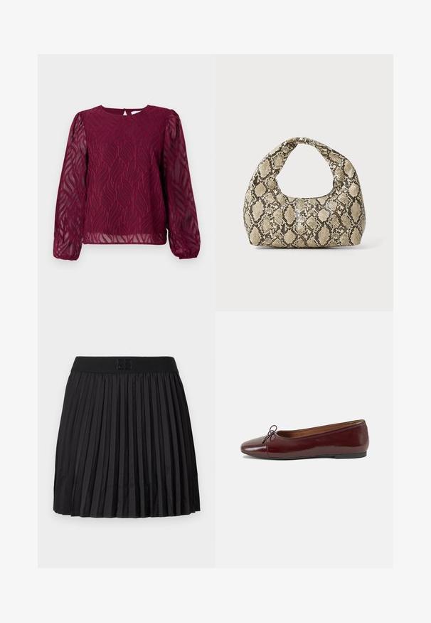 Blusa bordeaux con maniche lunghe trasparenti, caratterizzata da un motivo a foglia con dettagli ricamati e un collo rotondo con chiusura a oblò sul retro.; Gonna nera plissettata con una texture liscia, dotata di una vita nera unita e un dettaglio del logo impresso sul davanti.; Ballerine in pelle verniciata bordeaux con punta arrotondata, piccolo fiocco decorativo sulla parte anteriore e suola bassa in gomma nera. Texture liscia.; Borsa a stampa rettile con manico curvo. Realizzata in materiali testurizzati beige e marroni, presenta un distintivo motivo a rombi.