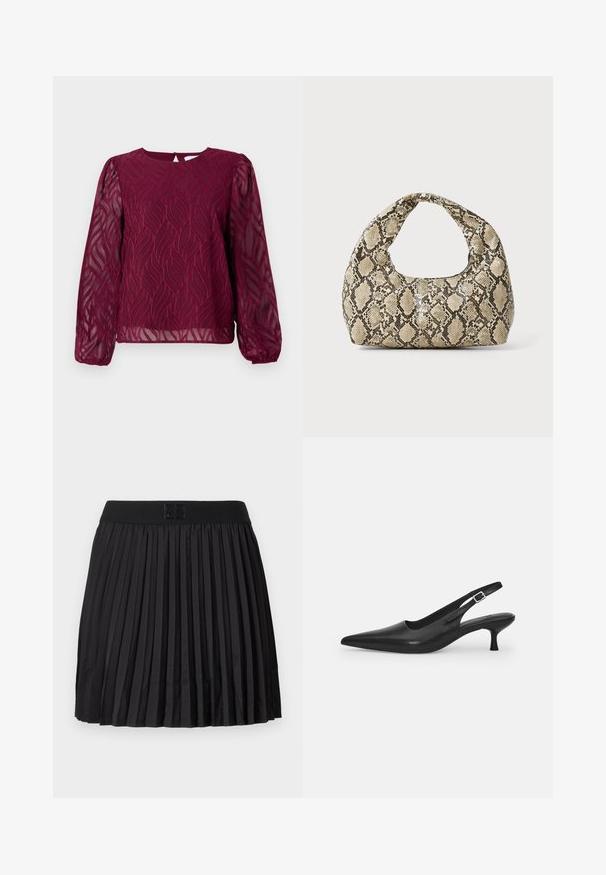 Burgundin paita, jossa on läpikuultavat pitkät hihat, vartalon muotoon ommeltu lehtikuvio ja pyöreä pääntie, jossa on avainaukko takana.; Mustat laskostetut hameet, joissa on sileä pinta, kiinteä musta vyötärö ja kohokuvioitu logo edessä.; Mustan nahkainen slingback-kengät, joissa on terävä nenä ja kapea, kaareva korko. Varustettu huomaamattomalla säädettävällä hihnalla, jossa on metallinen solki.; Käärmeennahkakuosiset käsilaukku, jossa on kaareva kahva. Tehty teksturoiduista beigeistä ja ruskeista materiaaleista, joissa on erottuva timanttikuvio.