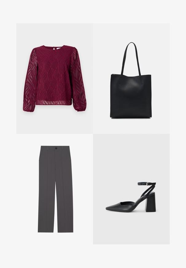 Burgundy blouse with sheer long sleeves, featuring a leaf pattern in embroidered detail and a round neckline with a keyhole back closure.; Grey trousers with a straight leg design, featuring two side pockets and a button closure. Smooth fabric with no visible patterns or accents.; Black leather pointy-toe pump with an ankle strap and a chunky heel. Flat texture, sleek design, and minimalistic aesthetics.; Black leather tote bag with smooth texture, rectangular shape, and two long handles. No visible hardware or embellishments.