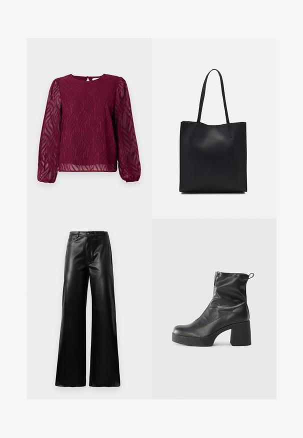 Blusa burdeos con mangas largas transparentes, que presenta un patrón de hojas en detalle bordado y un escote redondo con cierre tipo ojal en la parte posterior.; Pantalones de imitación de cuero negros de cintura alta y pierna ancha con botón frontal, cierre de cremallera, pasadores para cinturón y bolsillos laterales sobre fondo blanco.; Botines negros de tobillo, hechos de cuero suave, con cierre lateral, tacón grueso texturizado y diseño de punta redondeada.; Bolso tote de cuero negro con textura lisa, forma rectangular y dos asas largas. Sin herrajes ni adornos visibles.