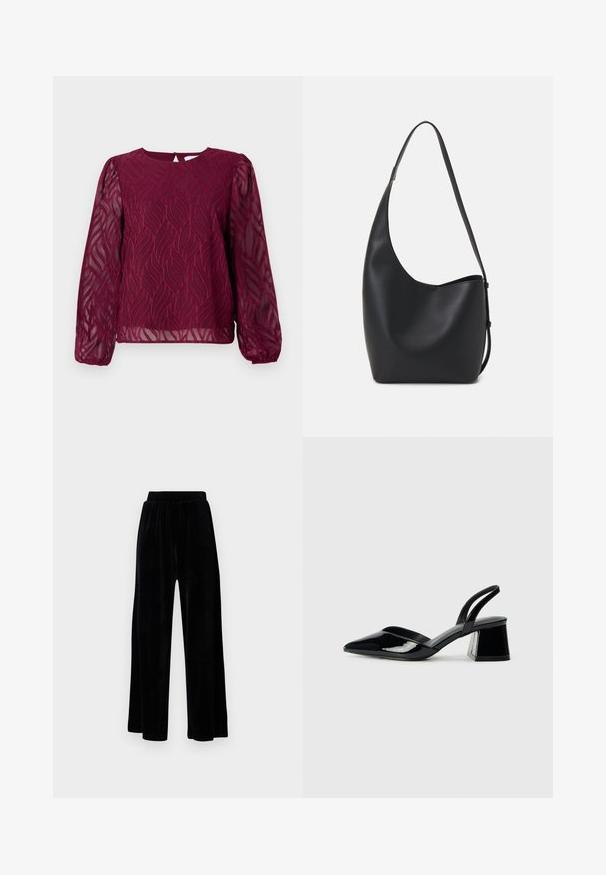 Bordo bluzka z przezroczystymi długimi rękawami, z liściowym wzorem w haftowanych detalach i okrągłym dekoltem z zapięciem w formie łezki z tyłu.; Črne široke hlače iz mehkega žameta, z elastičnim pasom in gladko teksturo, brez vidnih detajlov ali vzorcev.; Črne lakirane slingback pete s koničastim nosom in geometrijsko blokasto peto. Imajo eleganten, minimalističen dizajn in gladko teksturo.; Črna usnjena hobo torba z gladko teksturo, ukrivljeno obliko in eno nastavljivo naramnico; ima širok odprtina na vrhu.