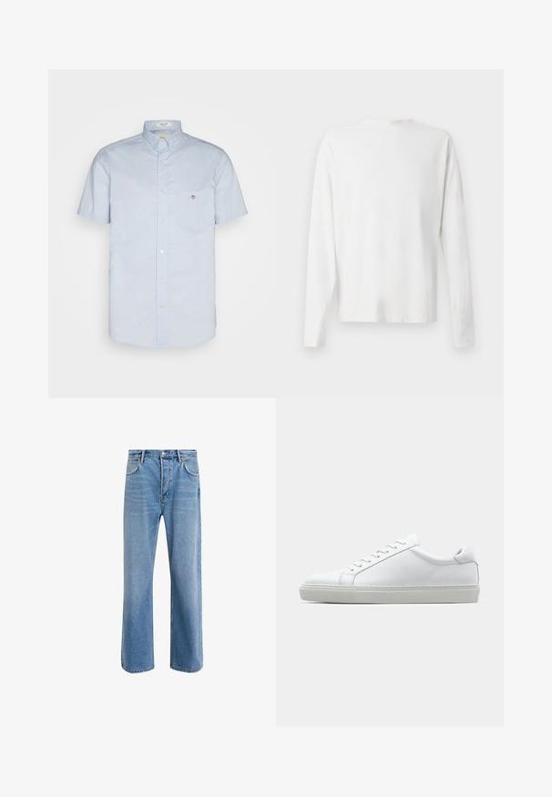 Light blue short-sleeve shirt with a button-down collar, featuring a left chest pocket and a small logo detail. Made of smooth fabric.; Long-sleeved white cotton shirt with a round neckline, side slits at the bottom, and a smooth texture, displayed from the back.; Light blue denim jeans with a straight-leg design, five pockets, button closure, minimal fading, and contrasting stitching details.; White sneaker with a smooth leather upper and a low profile. Features a rounded toe, six eyelets, and a textured rubber sole.