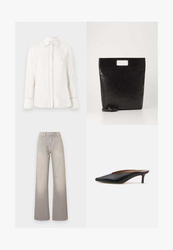 White long-sleeve shirt in smooth fabric with a button front, pointed collar, and contrasting black stitching along the placket and cuffs.; Gray wide-leg jeans with a faded finish, button closure, five-pocket design, and stitched detailing along the seams.; Black leather mules with a pointed toe and low, block heel. Smooth texture with a sleek design. Open back with minimal detailing.; Black leather tote bag with a square handle, featuring a textured finish and embossed logo. Includes a detachable strap.