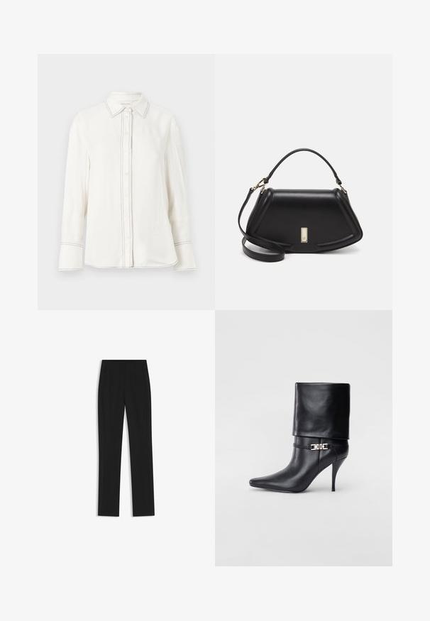 Biała koszula z długim rękawem, wykonana z gładkiego materiału, z zapięciem na guziki, spiczastym kołnierzykiem oraz kontrastowym czarnym przeszyciem wzdłuż pliski i mankietów.; Czarne spodnie o dopasowanym kroju z prostymi nogawkami, z przednimi kieszeniami i gładką, teksturowaną tkaniną. Schludne, minimalistyczne wykończenie.; Czarne skórzane botki za kostkę z ostrym noskiem, wysokim obcasem w kształcie stiletto, z załamanym mankietem oraz złotym dekoracyjnym zapięciem na kostce.; Czarna skórzana torebka o strukturalnym designie, z przyciętą formą, górnym uchwytem i złotymi akcentami. W zestawie regulowany pasek na ramię.