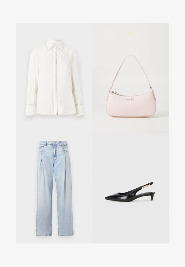 Cămașă albă cu mânecă lungă dintr-un material neted, cu închidere butonată, guler ascuțit și cusături contrastante negre pe plastron și manșete.; Jeans din denim albastru deschis cu talie înaltă, croială evazată, două buzunare laterale și un design pliat. Textură moale cu un finisaj decolorat.; Sandale slingback din piele neagră cu vârf ascuțit, având un toc subțire și un accent de culoare aurie pe curea ajustabilă. Textură netedă.; Geantă de mână din piele roz, cu un design curbat, închidere cu fermoar și curea de umăr. Prezintă un logo argintiu în față.