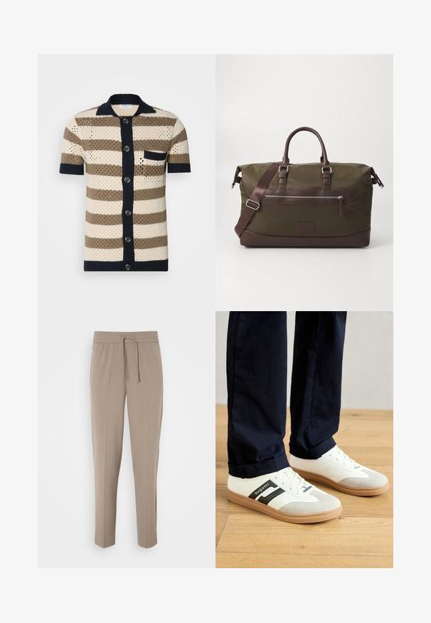Cardigan a maniche corte, con bottoni, in maglia, con strisce crema, marroni e blu navy. Presenta una trama texturizzata e una tasca singola sul petto.; Pantaloni beige chiaro con cintura elastica, cordoncino regolabile e gamba affusolata. Il tessuto appare liscio con una lieve lucentezza.; Sneakers bianchi e grigi con strisce nere, realizzati in pelle, dotati di suola in gomma e lacci piatti. Indossati con pantaloni blu navy su un pavimento in legno.; Borsa da viaggio in tela verde oliva con dettagli in pelle marrone, dotata di manici doppi, una tracolla rimovibile e una tasca con zip sul davanti.