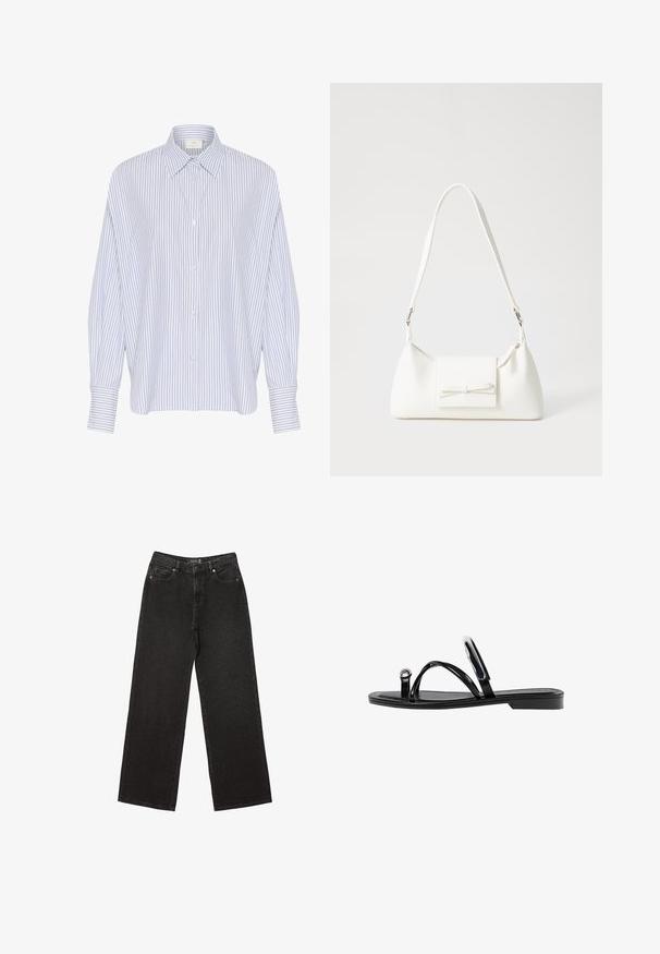 Light blue and white striped long-sleeve button-up shirt with a collar, featuring a relaxed fit and cuffed sleeves. Plain buttons are visible.; Black wide-leg jeans made of denim, featuring small dotted patterns, classic five-pocket design, and a button and zip fly closure.; Black flat sandals featuring a glossy finish, three thin straps, and a circular hardware detail at the toe. Sleek design with a minimal heel.; White synthetic handbag with a triangular shape, flat front flap and bow detail, adjustable strap, smooth texture, and minimalistic design.