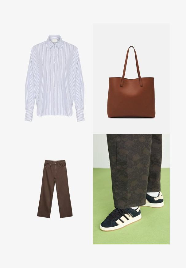 Svijetloplava i bijela prugasta košulja dugih rukava sa kragnom, koja ima opušteni kroj i manžete na rukavima. Vidljivi su obični gumbi.; Proširene smeđe traperice od denima, s visokim strukom, prednjim džepovima i klasičnom kopčom na dugme. Glatka tekstura s suptilnim šavovima.; Crne i uzorčane hlače u kombinaciji s mornarsko plavim suknjem od antilopa koji imaju kremaste pruge i bijele potplate. Prikazane površine su teksturirane i ravne.; Smeđa kožna torba preko ramena s glatkom teksturom, otvorenim vrhom i dvjema naramenicama. Ima minimalne šavove i nema vidljivog hardvera.