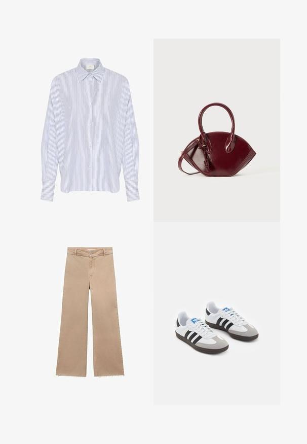 Lysblå og hvid stribet langærmet skjorte med knaplukning og krave, der har en afslappet pasform og manchetter. Enkle knapper er synlige.; Beige vidde jeans med en tøjet kant, lavet af bomuld. Har en knaplukning og bæltestropper, hvilket giver en løs pasform og afslappet stil.; Sportsko med en overdel i hvid læder, grå ruskind på tåen og tre sorte striber. Har et blåt logo på tungen og en struktureret gummisål.; Bordeaux læderhåndtaske med en rund form, to korte håndtag, lynlåslukning og knyttet detalje på håndtaget. Glat tekstur.