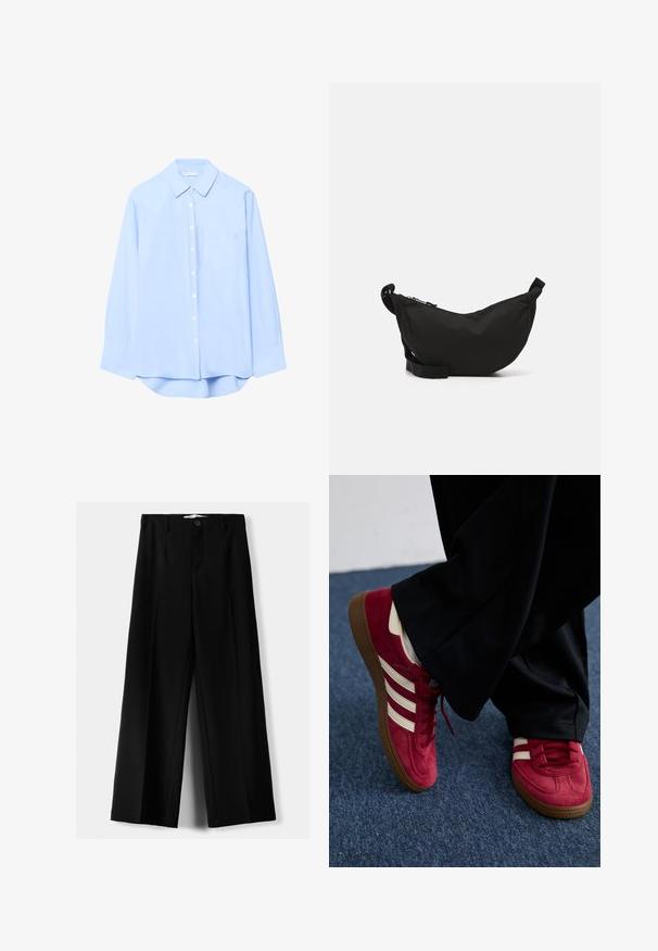 Svetlo modra srajca s dolgimi rokavi, ovratnikom, sprednjim žepom in zaobljenim spodnjim robom. Narejena iz gladkega blaga z enotno teksturo.; Črne široke hlače iz lahkega materiala, z zapiranjem na gumb spredaj in ravnim sprednjim delom, s skrbno zašiti robovi.; Rdeče semiš superge z belimi črtami, zavezovanje in strukturiran rjav gumijast podplat. Nosi se z črnimi hlačami, na modrem preprogi.; Črna tkaninska torba čez ramo s kružno obliko, z zadrgo, nastavljivim trakom in majhnim stranskim žepom za dodatno shranjevanje.