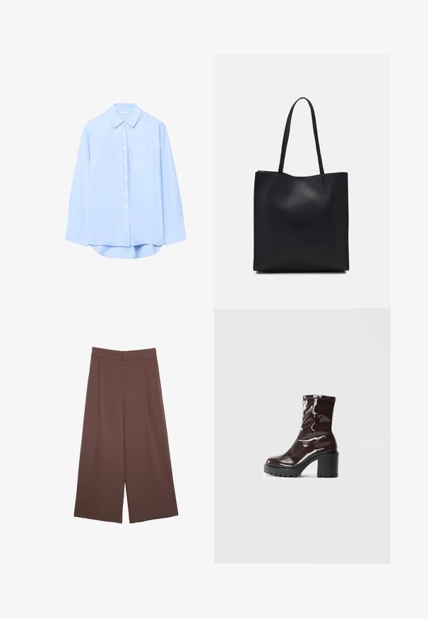Hellblaue Button-Down-Bluse mit langen Ärmeln, Kragen, Brusttasche und abgerundetem Saum. Aus glattem Stoff mit einheitlicher Textur gefertigt.; Braune Weite-Leg-Hosen mit einer glatten Textur, hoher Taille und Vorderfalten. Der Stoff ist leicht und fällt locker.; Glatte bordeauxrote Ankle Boots mit einem klobigen schwarzen Absatz, die eine glatte Oberfläche und ein einfaches Design aufweisen. Keine sichtbaren Verschlüsse oder Muster.; Schwarze Laptoptasche aus Leder mit glatter Textur, rechteckiger Form und zwei langen Griffen. Keine sichtbaren Beschläge oder Verzierungen.