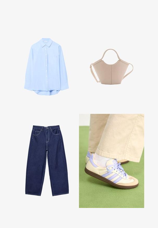 Camicia azzurro chiaro con maniche lunghe, colletto, tasca frontale e orlo arrotondato. Realizzata in tessuto morbido con una texture uniforme.; Pantaloni a gamba larga in denim blu scuro con vita alta, cinque tasche e cuciture bianche a contrasto. Texture liscia, design classico.; Sneakers crema e lavanda con tre strisce e suola marrone texturizzata, dotati di lacci e tallone imbottito. Parte superiore in tessuto morbido.; Borsa in pelle beige con una forma unica, caratterizzata da due manici corti e una lunga tracolla regolabile. Texture liscia con hardware minimale.