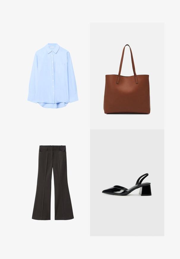 Light blue button-up shirt with long sleeves, collar, front pocket, and rounded hem. Made of smooth fabric with a solid texture.; Black flared trousers with a high waist; features two front pockets and a smooth fabric texture. Suitable for various occasions.; Black patent leather slingback heels with a pointed toe and a geometric block heel. Features a sleek, minimal design and smooth texture.; Brown leather tote bag with a smooth texture, open top design, and two shoulder straps. Features minimal stitching and no visible hardware.