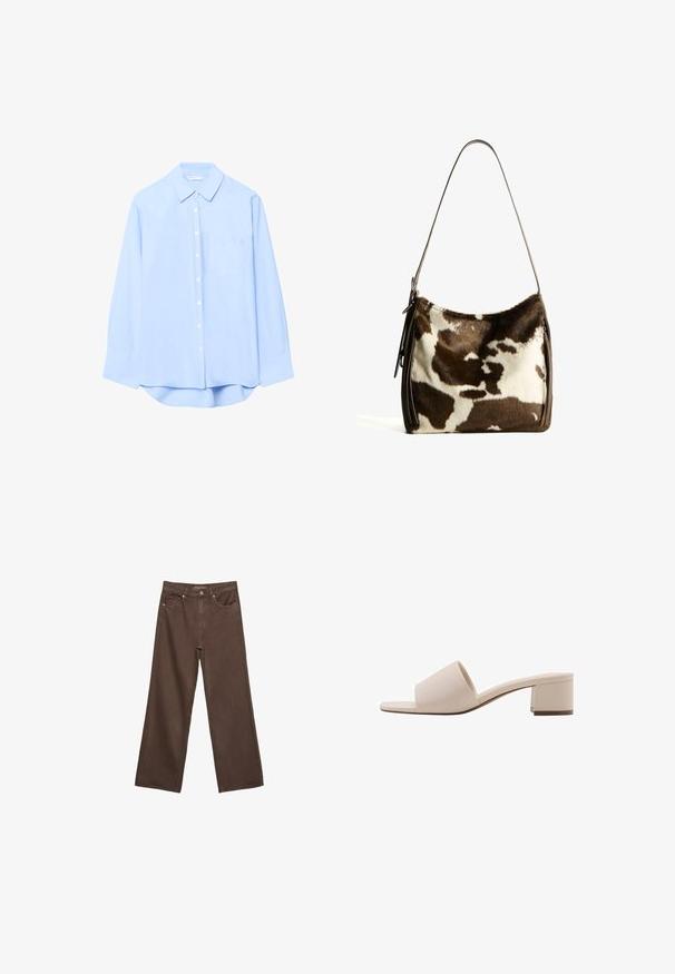 Light blue button-up shirt with long sleeves, collar, front pocket, and rounded hem. Made of smooth fabric with a solid texture.; Wide-leg brown jeans made of denim, featuring a high waist, front pockets, and a classic button closure. Smooth texture with subtle stitching.; Beige block-heeled sandal with a wide strap and open toe. Smooth material and sleek design. Short, sturdy heel for stability.; Brown and cream cowhide shoulder bag with a smooth leather strap, zip closure, and a soft, textured surface featuring a natural pattern.