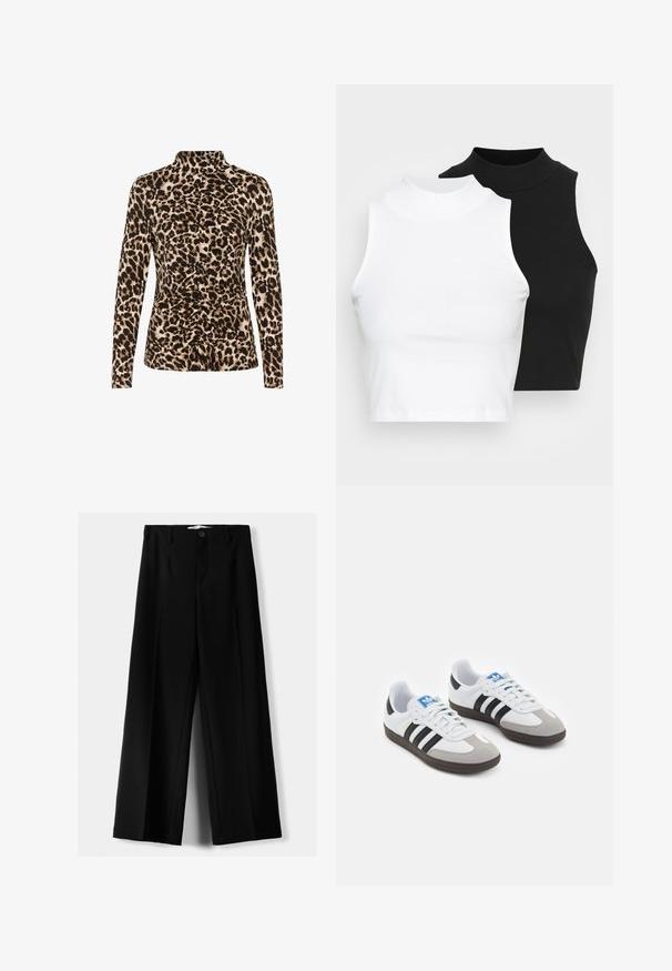 Bluză cu mâneci lungi, cu guler înalt, imprimeu leopard în nuanțe de maro și bej, cu detalii plisate în față pentru a sculpta forma.; Două bluze fără mâneci, cu guler înalt, în culorile negru și alb, având un design ajustat și o textură netedă, cu o lungime scurtă.; Pantaloni negri cu picior larg, fabricați dintr-un material ușor, cu închidere frontală cu nasture și față plată, având tivuri cusute cu atenție.; Încălțăminte sport cu un superior din piele albă, vârf din suede gri și trei dungi negre. Prezintă un logo albastru pe limbă și o talpă din cauciuc texturat.