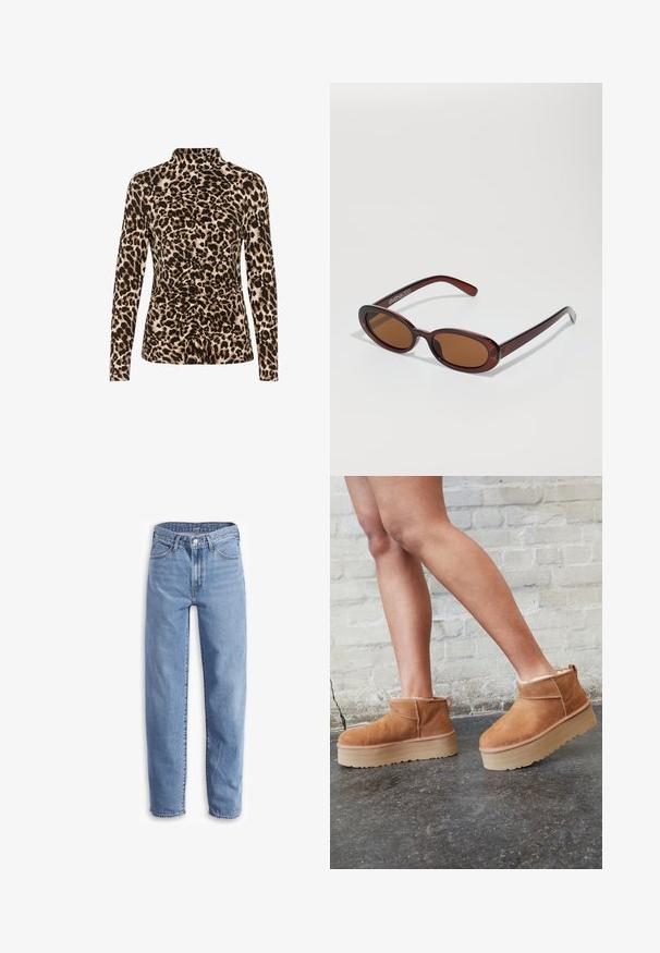 Dlouhý rukáv top s vysokým límcem, leopardím potiskem v hnědých a béžových odstínech, s nařasenými detaily v přední části pro tvarování.; Světle modré džíny vyrobené z denimu, s uvolněným střihem, rovnými nohavicemi, pěti kapsami a roztrhanými lemy pro neformální vzhled.; Hnědé semišové kotníkové boty s měkkou podšívkou, silnou béžovou platformou a zadním poutkem. Texturovaný povrch s viditelnými švy.; Kulaté sluneční brýle hnědé barvy s lesklým burgundským rámem. Úzké nožičky s jemným logem. Rovné čočky.