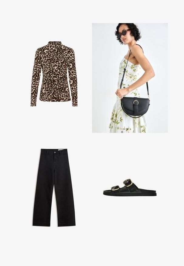 Long-sleeve top featuring a high collar, leopard print in brown and beige tones, with gathered detailing at the front for shaping.; Black wide-leg denim pants with a high waist, featuring front and back pockets, stitched seams, and a button closure. Smooth texture.; Black slide sandal with two gold buckle accents, smooth textured material, flat sole, and a minimalist design.; Black leather handbag with a curved shape, detachable strap, and gold hardware. The bag features a flap with a buckle detail.