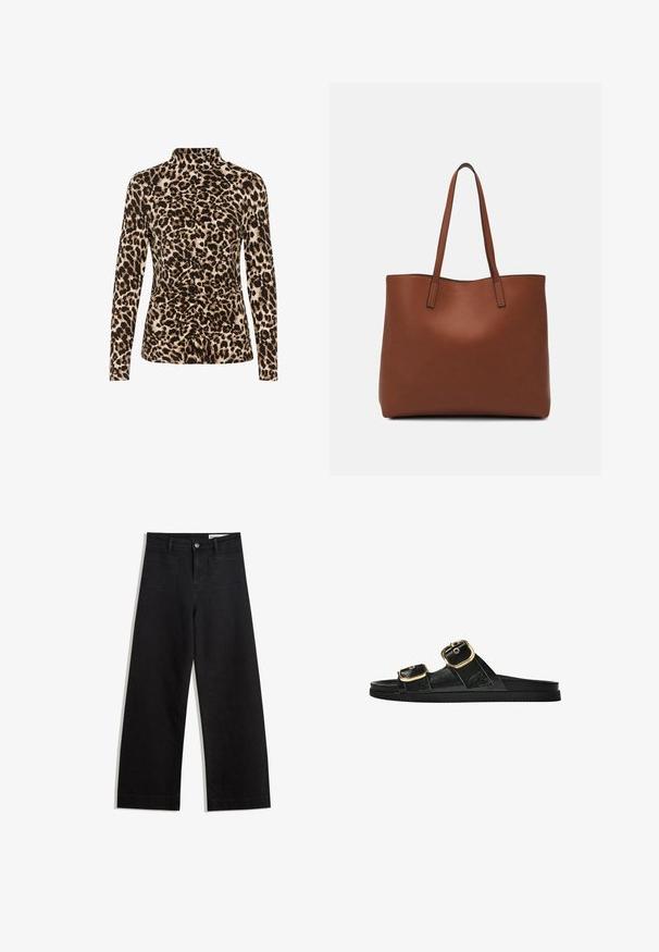 Pitkähihainen paita, jossa on korkea kaulus, leopardi-kuvio ruskeassa ja beigen sävyssä, edessä muotoiluja korostava kerrostus.; Mustat leveät farkut korkealla vyötäröllä, joissa on etu- ja takataskut, ommellut saumat ja nappisuljenta. Silkinoinen rakenne.; Musta liukusandaali, jossa on kaksi kultaisesta solkesta tehtyä korostusta, sileäpintainen materiaali, litteä pohja ja minimalistinen muotoilu.; Ruskea nahkainen olkalaukku, jossa on sileä pinta, avoin yläosa ja kaksi olkahihnaa. Omaavat vain minimaalisen ompelun eikä näkyvää metalliosaa.