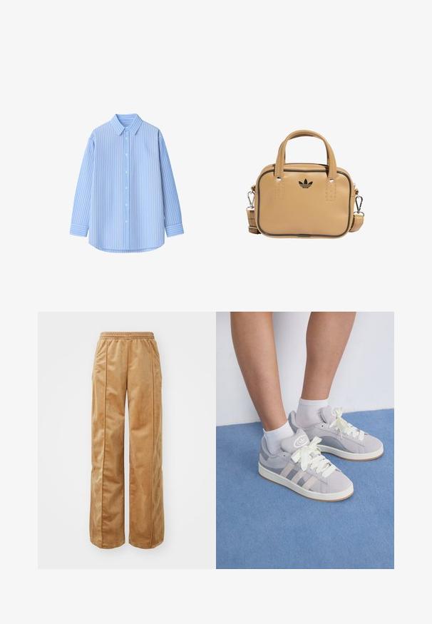 Világoskék gombos ing fehér függőleges csíkokkal, hosszú ujjakkal, gallérral és kerekített aljjal. Simát textúrájú, ropogós anyagból készült.; Puha, bársonyos anyagból készült, világosbarna széles lábú nadrág. Jellemzője a gumis derék és az elülső részen végigfutó függőleges varrás, amely extra részletességet ad.; Szürke velúr sportcipők fehér fűzővel és gumi talppal, az oldalán három ferde csíkkal és a nyelvén logo folttal.; Brún vegán bőr táska két fogantyúval, levehető vállpánttal, fekete díszvarrással és egy kis fekete logóval az elején.