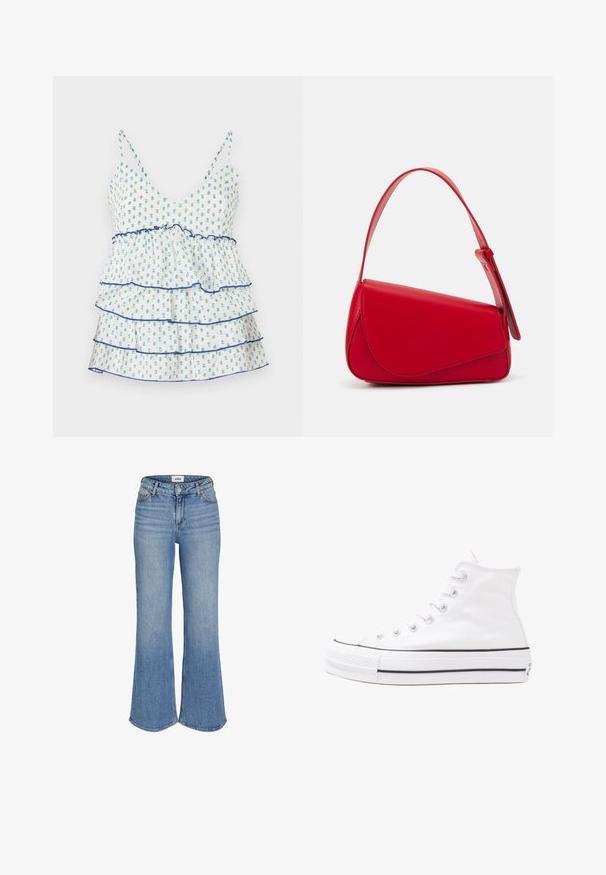 Kukka-kuosisella yläosalla, jossa on säädettävät spagettiolkain, V-pääntie, röyhelökerrokset, pääasiassa valkoinen sinisin ja vihrein kukin, laivastonsinisin reunuksin.; Vaaleansiniset farkut, joissa on leveä lahje ja korkea vyötärö. Ne sisältävät etutaskut, vetoketjun ja hienovaraista kulumista. Saumat näkyvät reunojen varrella.; Valkoiset korkeavartiset kangaskengät mustalla kumipohjalla, edessä kuminen varvasosa ja kuusi nauha-aukkoa, puhtaan minimalistisella muotoilulla.; Punainen nahkalaukku, jossa on kulmikas, geometrinen muotoilu. Varustettu yhdellä säädettävällä hihnalla ja läpällä, jossa on ommeltu yksityiskohtia.