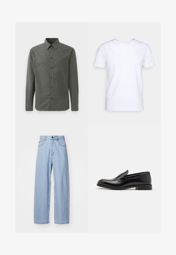 Tume rohelise värvi pikkade varrukatega särk, valmistatud tekstureeritud riidest. Omab klassikalist kraed ja viit esistupid.; Valge lühikeste varrukatega t-särk puuvillaste kangast, ümmarguse kaelusega. Lihtne disain, ilma mustrite ja detailideta. Sile tekstuur.; Heled sinise denimi teksased, laia sääre disainiga, ees taskutega, nööpide kinnitusega ning detailse õmblusega õmbluste ääres.; Mustad mustad nahast loafers sileda tekstuuriga, ümarat ninaosa ja dekoratiivne riba vampi üle. Madal kihiline konts, minimalistlik disain.